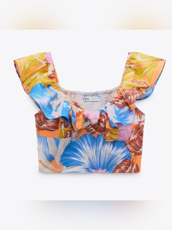 Zara Tops - ZARA Colorful Floral Ruffle Crop Top Size S Bohemian Vacation Summer Feminine